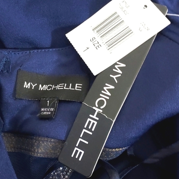 NEW My Michelle Rhinestone Dress Mesh Cutouts High Neck Halter Navy Blue Size 1 - Picture 13 of 16